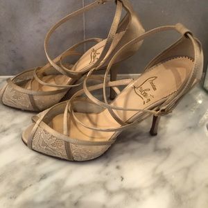 Christian Louboutin cream satin and lace heels